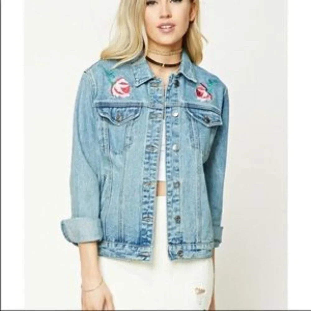 Vintage Forever 21 Embroidered Denim Jacket Flowers Tiger Small - Picture 2 of 7
